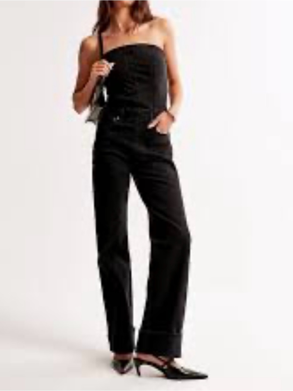 Abercrombie Strapless Dipped-Waist Denim Jumpsuit with Bottom Hem size LT